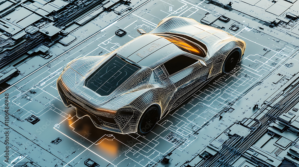 Aufkleber A futuristic car depicted alongside a wireframe intersection, set within a digital user interface environment, (3D Illustration)