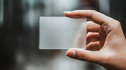 A mockup featuring a hand holding a blank translucent card with rounded corners, serving as a clear call-card template, The plastic transparent acrylic name card is displayed prominently