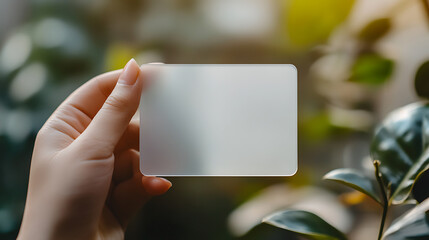 A mockup featuring a hand holding a blank translucent card with rounded corners, serving as a clear call-card template, The plastic transparent acrylic name card is displayed prominently