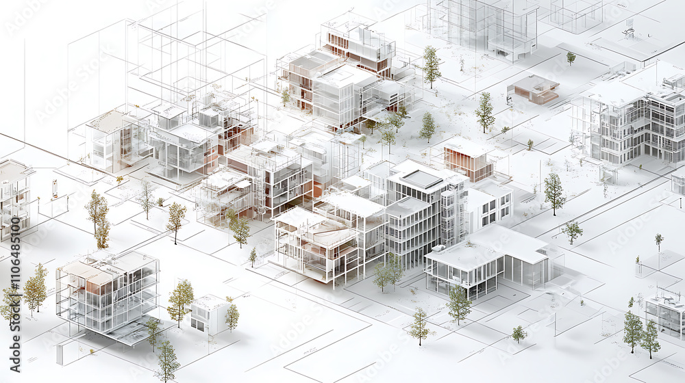 Poster isometric cityscapes, white backdrop, conceptual mapping, and geometric diagram displaying different
