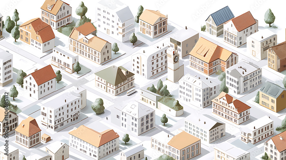 Aufkleber isometric cityscapes, white backdrop, conceptual mapping, and geometric diagram displaying different
