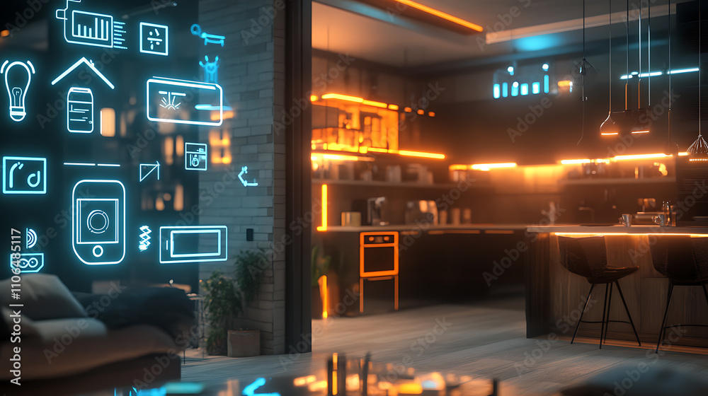 Poster luminous smart home icons on the background of the kitchen and living room, concept of automation an