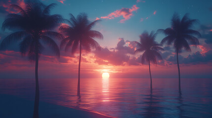 SUMMER scene with palm trees and a sunset