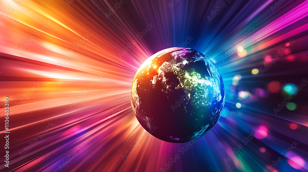 Poster spinning globe with colorful light rays
