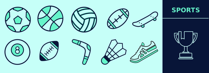 Fototapeta premium Sports LINE icon set for logo and digital work. Rugby, football, basketball, american football, skateboard, boomerang, sneakers. Editable elements, size and color.