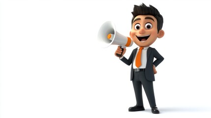 Fototapeta premium Cheerful 3D cartoon salesperson with a megaphone, promoting sales, isolated on white