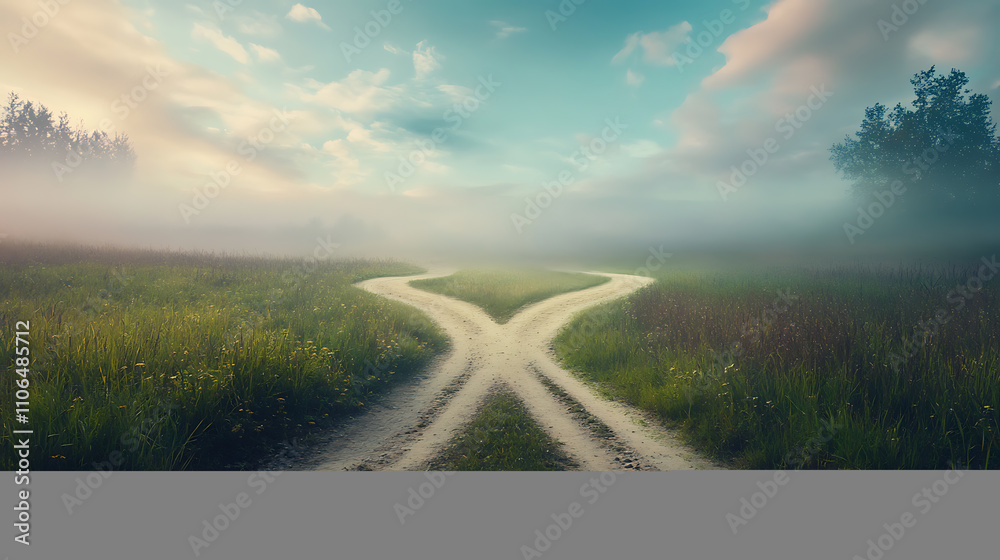 Poster the concept of choice depicted by a crossroads splitting into two different paths