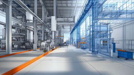 Fototapeta premium The concept of construction technology intersects with communication networks, embodying the principles of Industry 4, 0 and factory automation