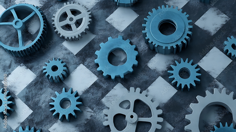 Poster the infographic header features gray and blue gears against a checkered background