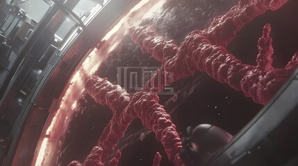 Abstract glowing red structures within a metallic circle,  with intense light emanating from the center.