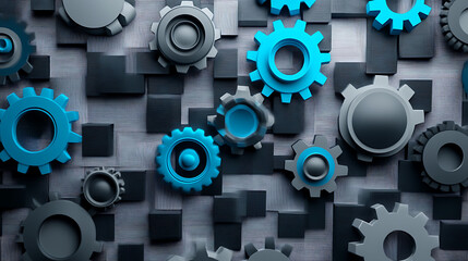 The infographic header features gray and blue gears against a checkered background