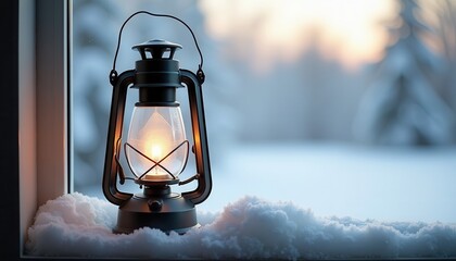 Frosted glass lantern sitting on a snow-covered windowsill, with a winter landscape in the background