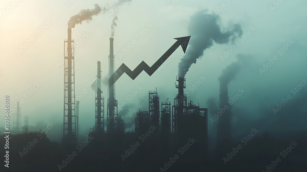 Poster an upward-pointing arrow graphic overlaying an industrial factory scene, symbolizing increasing co2 
