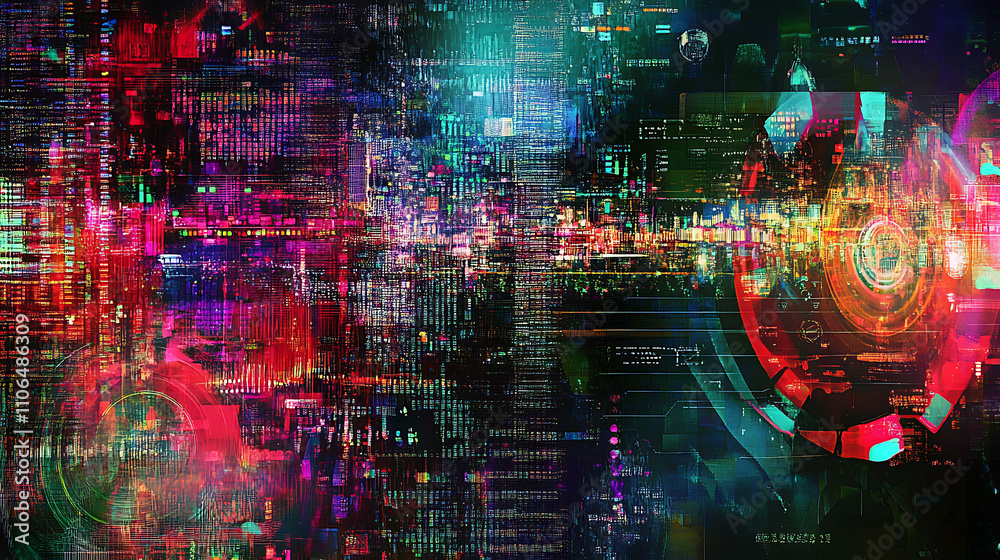 Poster An interplay of digital symbols and abstract forms representing artificial intelligence, computing, data processing, science, and technology