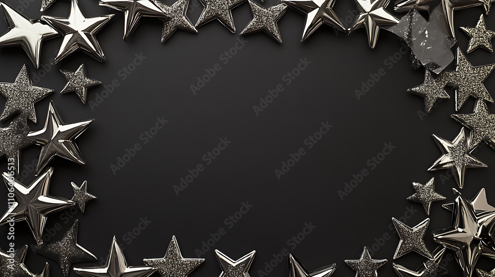 Aufkleber an empty frame with silver stars on black background