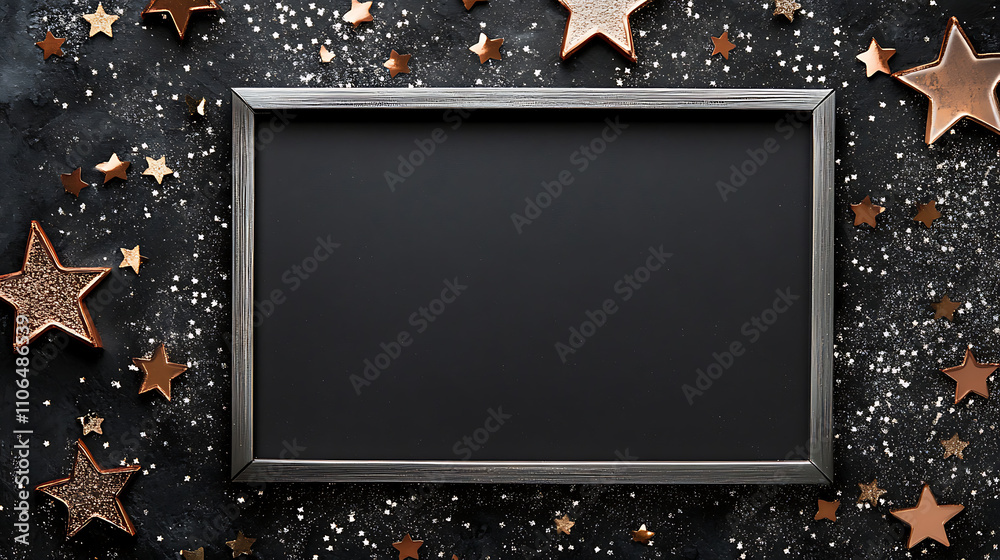 Poster An empty frame with silver stars on black background