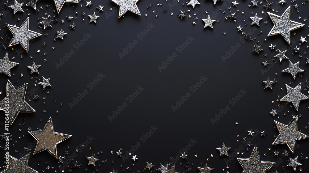 Aufkleber an empty frame with silver stars on black background