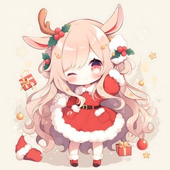 Fototapeta premium Cute Christmas Chibi Girl with Deer Antlers. Festive Holiday Character.
