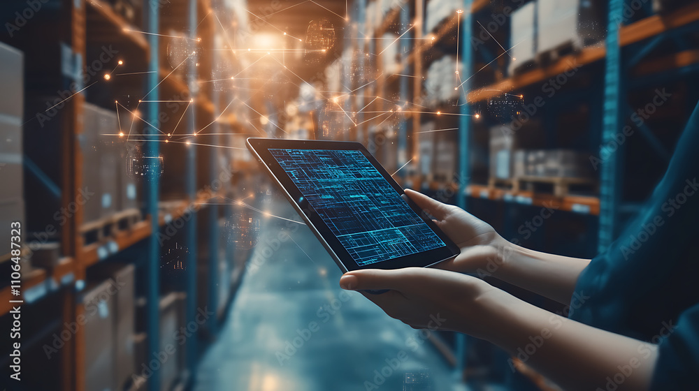 Leinwandbilder in the context of industry 4, 0 and smart logistics, a hand holds a tablet with an ar application to