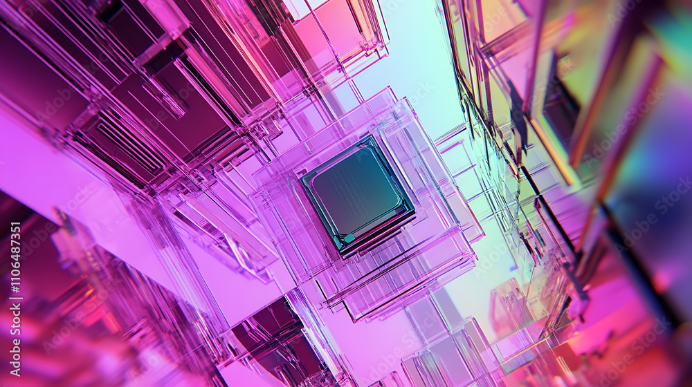 Poster In semiconductor manufacturing, a negative color image of a silicon die being picked up within a silicon wafer using a die attach machine