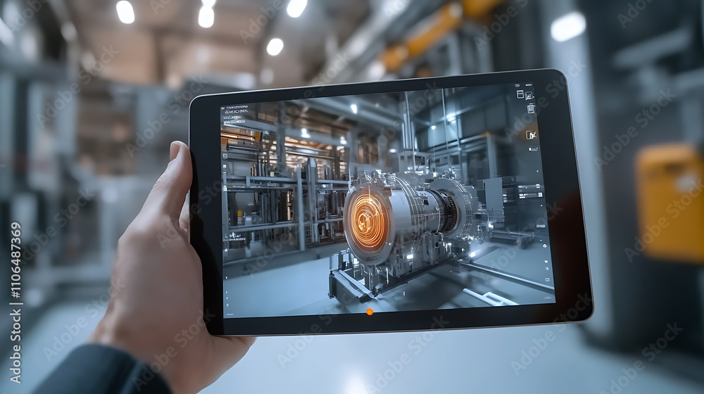 Fototapete in the realm of industry 4, 0 and augmented reality, a hand holds a tablet with an ar application fo