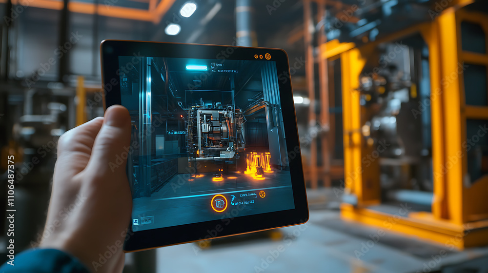 Leinwandbilder in the realm of industry 4, 0 and augmented reality, a hand holds a tablet with an ar application fo
