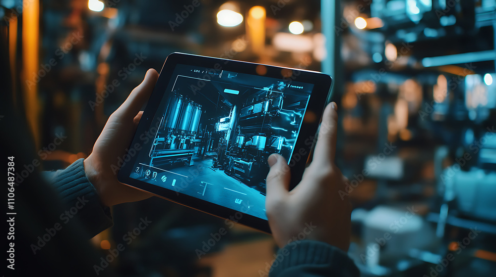 Leinwandbilder In the realm of Industry 4, 0 and augmented reality, a hand holds a tablet with an AR application for thermal monitoring of motor parts, checking for potential damage in a smart factory background