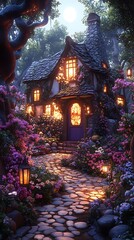 Fototapeta premium Enchanted fairy-tale cottage blooming garden illustration