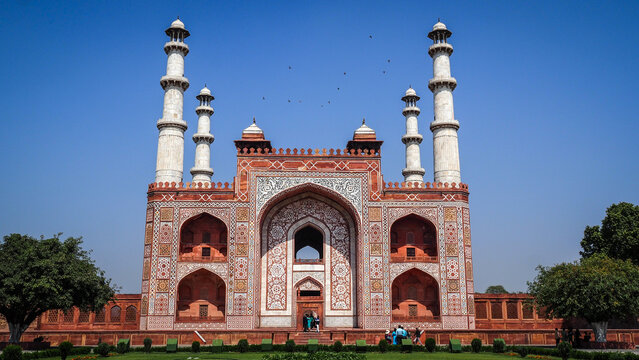 The architecture of the Tomb of Akbar in Agra, India