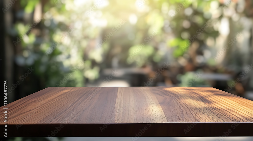 Poster selected focus empty brown wooden table and coffee shop blur background with bokeh image, for produc