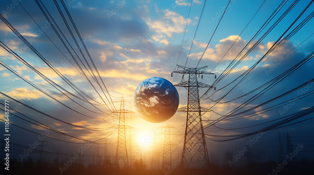Poster The earth is shown in this image with electrical lines running behind it