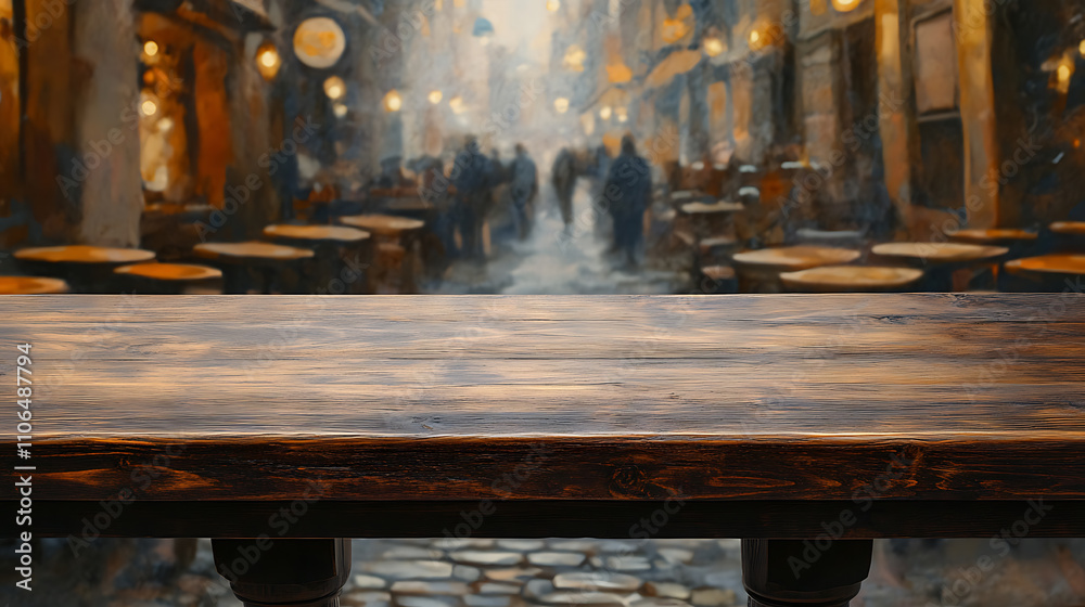 Aufkleber selected focus empty brown wooden table and coffee shop blur background with bokeh image, for produc