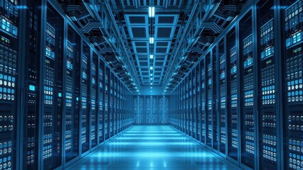 Obraz premium High-tech computer server farm with blinking lights, infrastructure, communication, hardware, network
