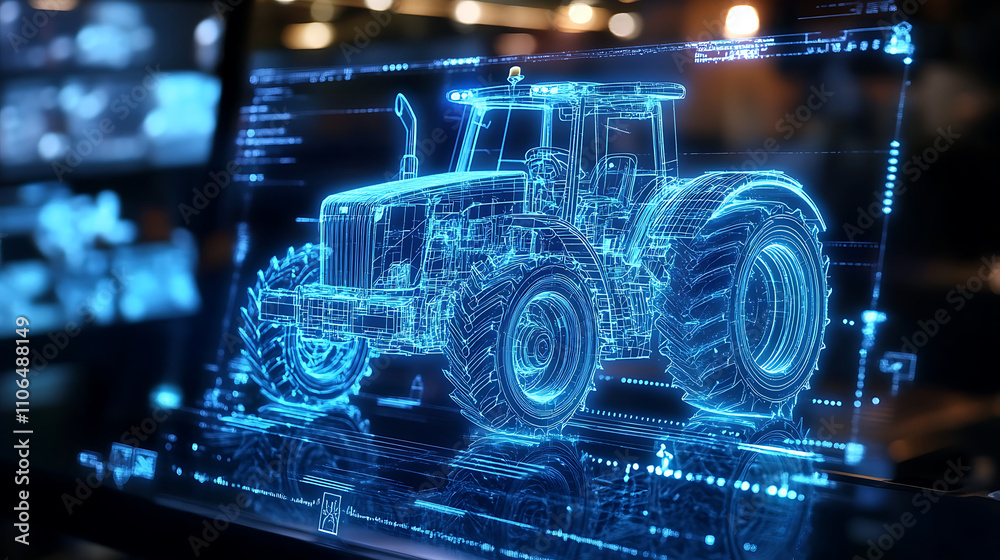 Poster a blue light holographic display displaying an intricate industrial farm tractor schematic