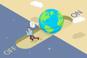 3D Isometric Flat Vector Illustration of Caring for Nature, Global Initiative To Promote Energy Conservation Through Earth Hour