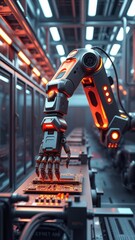 High-tech robotic arm assembling circuit board in automated factory, industry, innovation, technology, machinery, automation