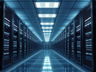 Fototapeta premium High-tech server room with rows of data servers, maintenance, storage