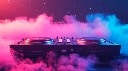 Dj turntables in the sky with clouds in the background