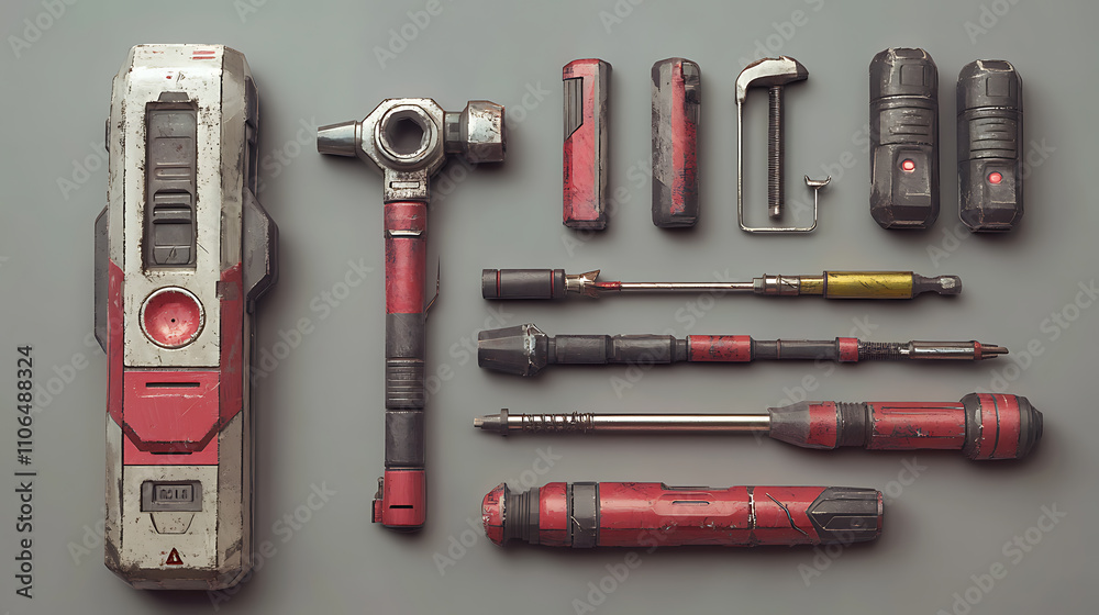Poster make a representation of some tools, futuristic screwdriver, hammer etc