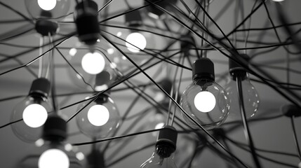 A group of light bulbs interconnected by wires, symbolizing teamwork, collaboration, and the flow of creative ideas. This visual representation highlights the power of collective effort