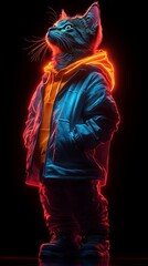 Fototapeta premium Neon glowing cat in jacket gazing upward