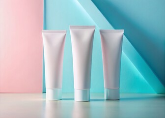 Aesthetic Composition of Three Elegant White Cosmetic Tubes on a Soft Pink and Blue Pastel Background Ideal for Skincare and Beauty Product Promotion