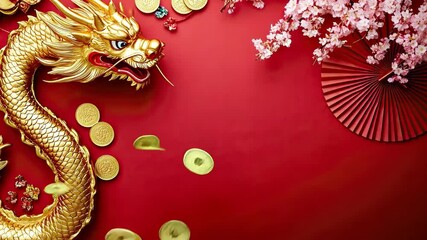 Golden dragon and cherry blossoms with gold coins and red background symbolizing chinese new year celebrations