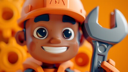 Happy cartoon construction worker holding wrench.