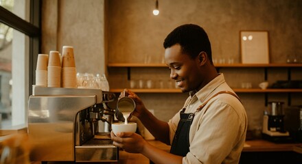 Fototapeta premium Young barista pouring latte art into a coffee cup at a trendy cafe