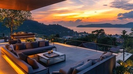 Fototapeta premium Sunset view from luxury patio with modern furniture.