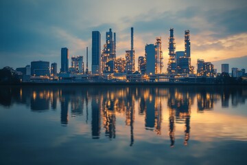 Naklejka premium Industrial Cityscape at Dusk Reflected in Water with Illuminated Towers and Pipes Against Dramatic Sky and Calm Water Surface in Urban Environment