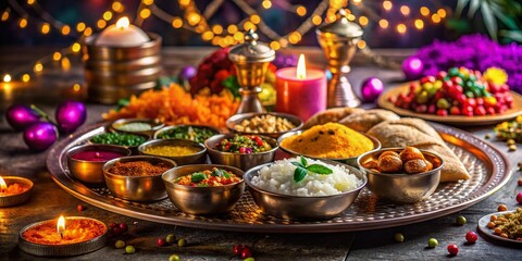 Fototapeta premium A Festive Indian Thali with Rice and Sweets Celebrating Cultural Traditions During a Vibrant Festival Scene
