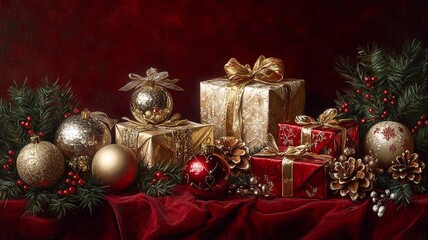 This elegant vertical Christmas scene features a playful assortment of gifts in bold patterns and bright colors, set against a striking red background with whimsical ornaments, perfect for a cheerful 