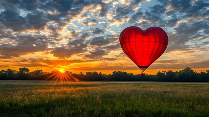 Fototapeta premium Heart-shaped hot air balloon soaring above a field at sunrise.